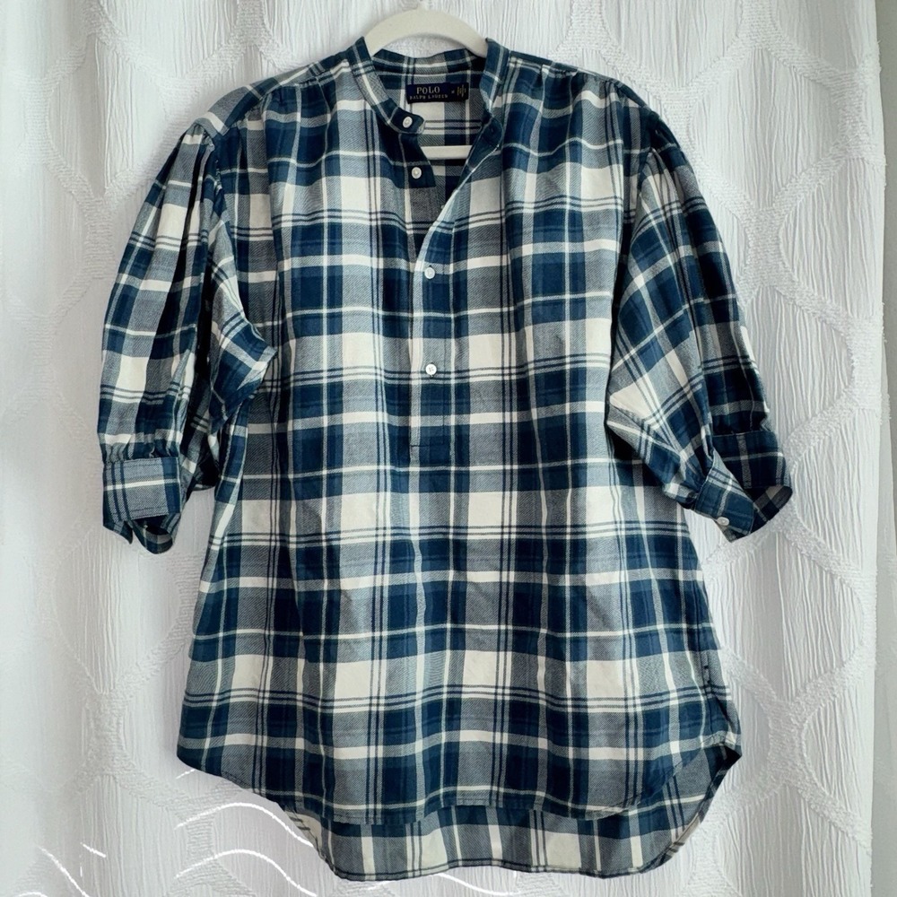 POLO RALPH LAUREN Dian Blue/White Plaid Women's Medium 3/4 Puff Sleeves Shirt - Picture 5 of 16